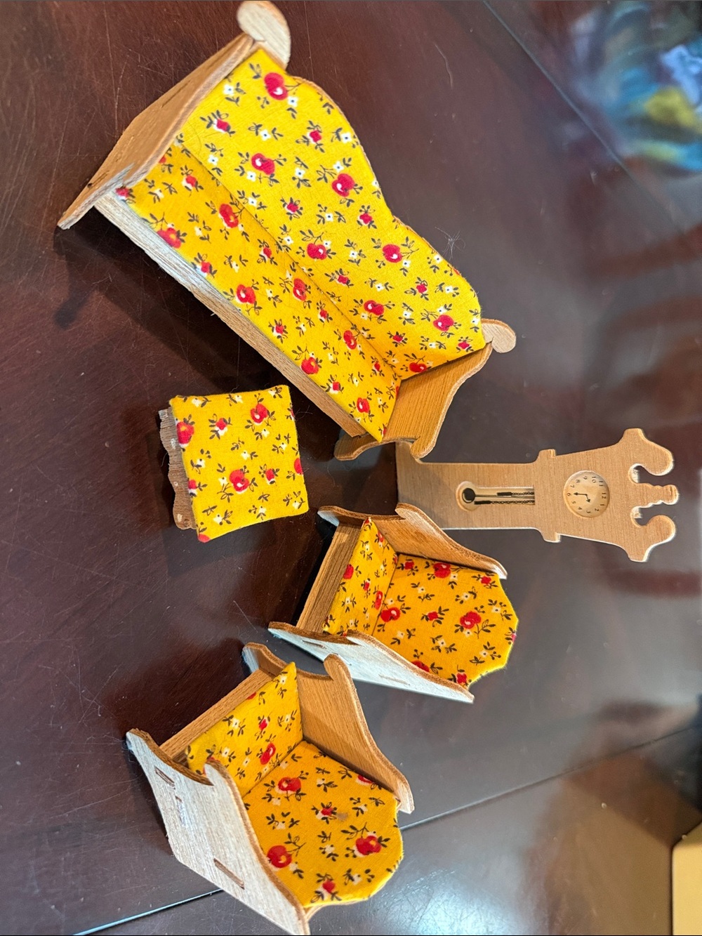 Miniature furniture Doll house pieces- w a mustard yellow floral pattern